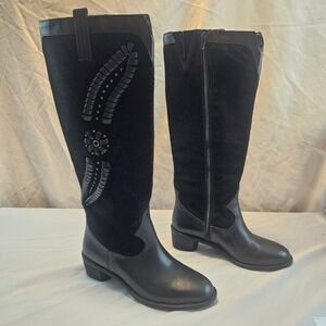 Brioso Size 6 Sedona Tall Whipstitch Boot Black Smooth Leather & Suede NWOB $250
